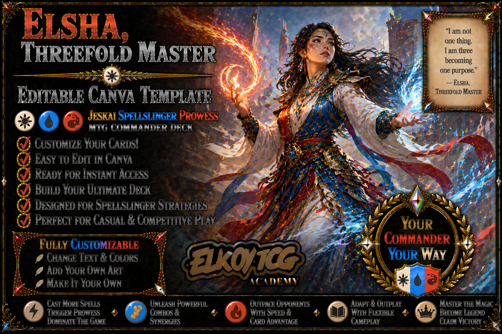 Elsha, Threefold Master Canva Template — Jeskai Spellslinger Prowess MTG Commander Deck