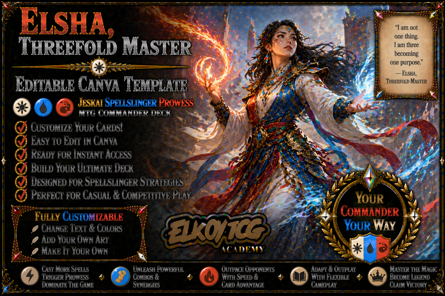 Elsha, Threefold Master Canva Template — Jeskai Spellslinger Prowess MTG Commander Deck