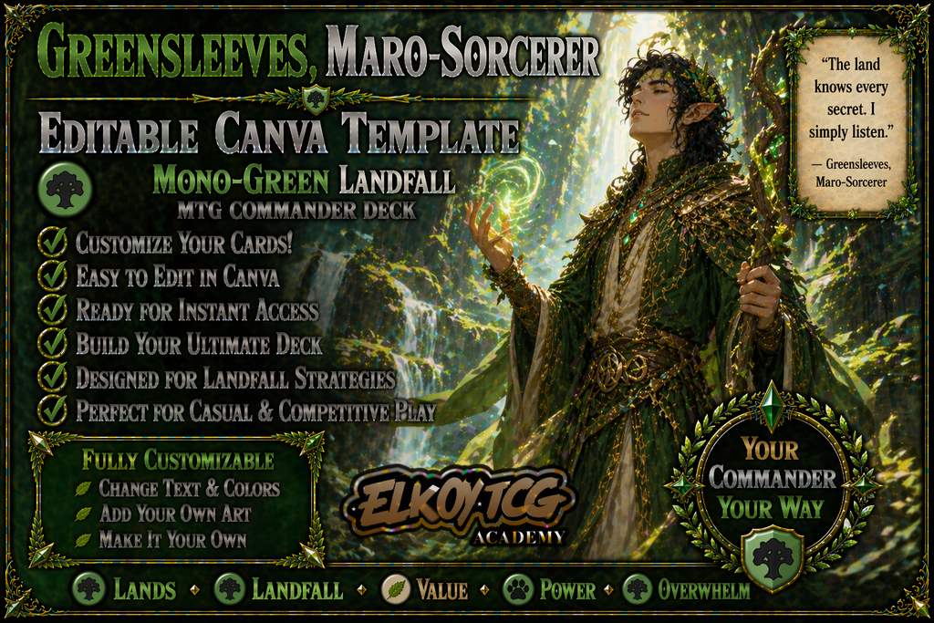 Greensleeves, Maro-Sorcerer Canva Template — Mono-Green Landfall MTG Commander Deck
