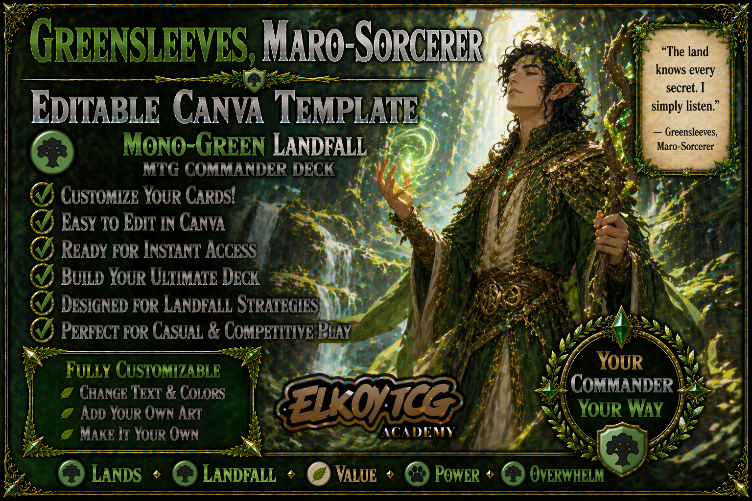 Greensleeves, Maro-Sorcerer Canva Template — Mono-Green Landfall MTG Commander Deck