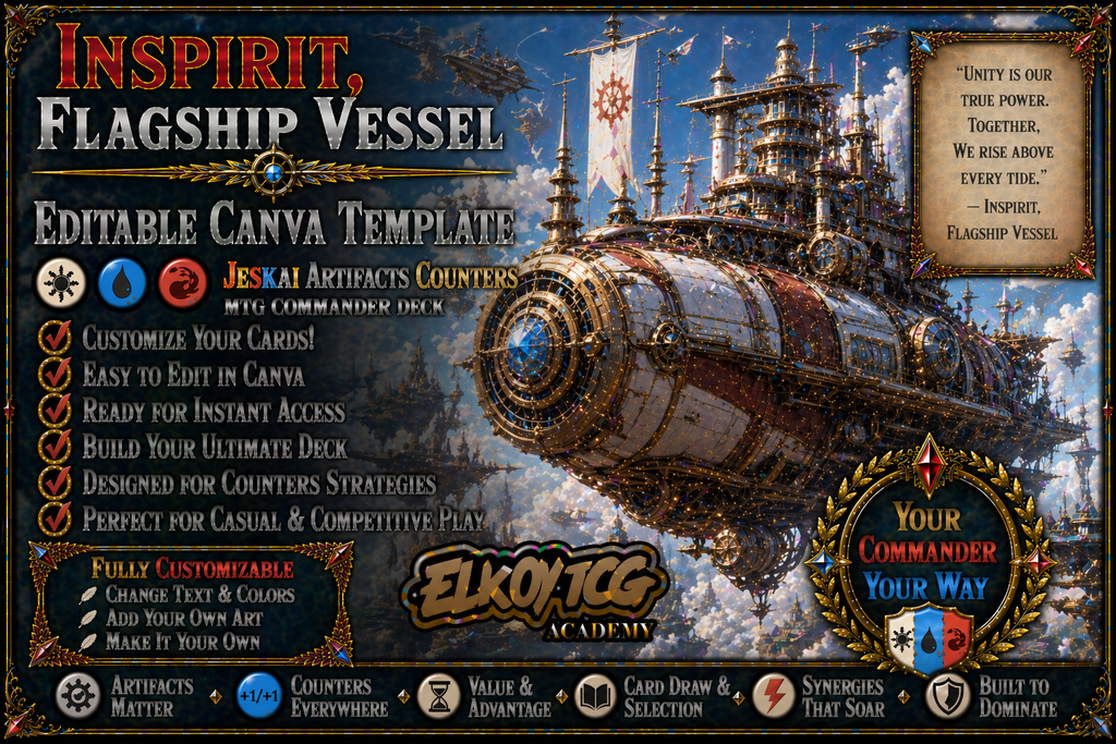 Inspirit, Flagship Vessel Canva Template — Jeskai Artifacts Counters MTG Commander Deck