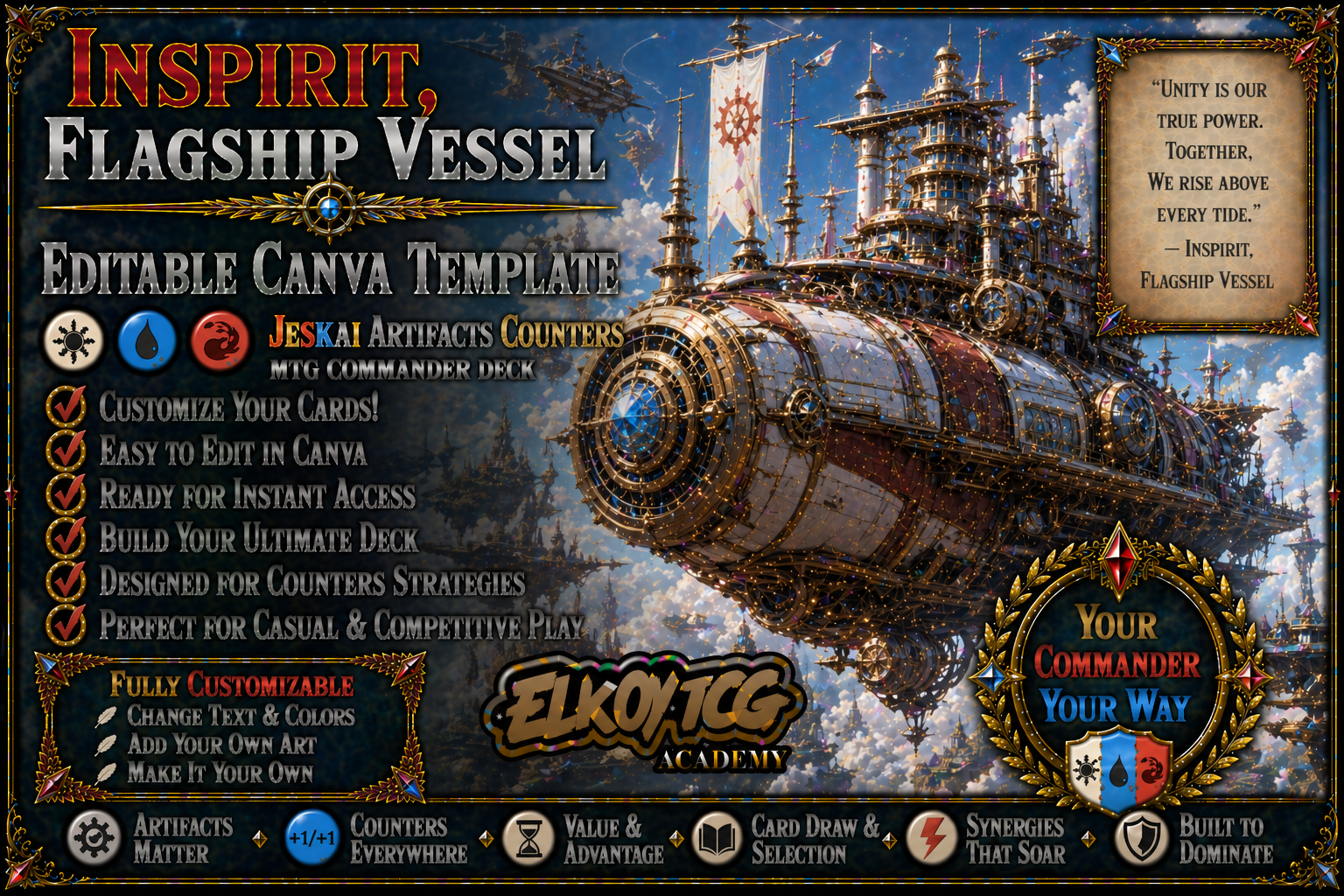 Inspirit, Flagship Vessel Canva Template — Jeskai Artifacts Counters MTG Commander Deck