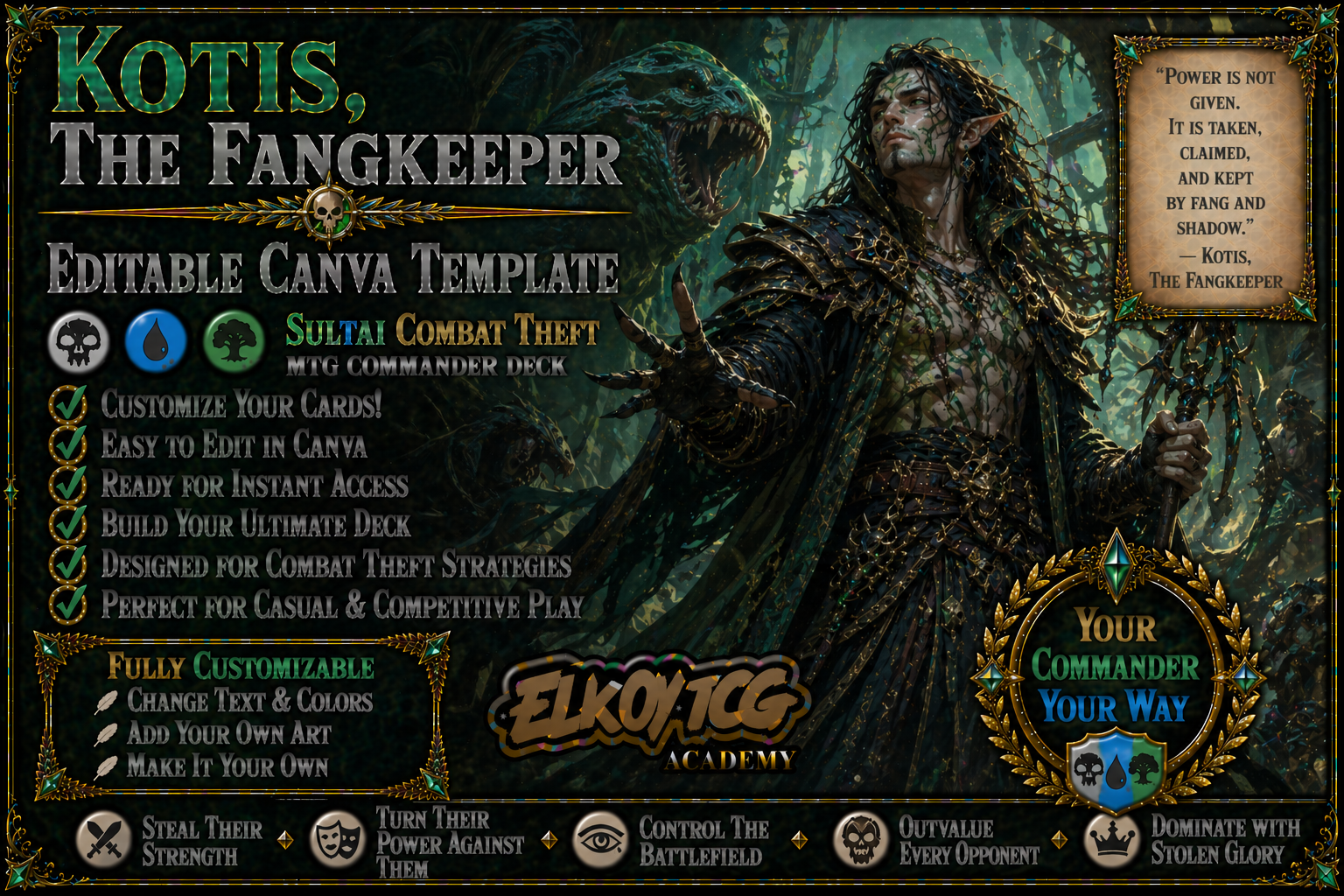 Kotis, the Fangkeeper Canva Template — Sultai Combat Theft MTG Commander Deck