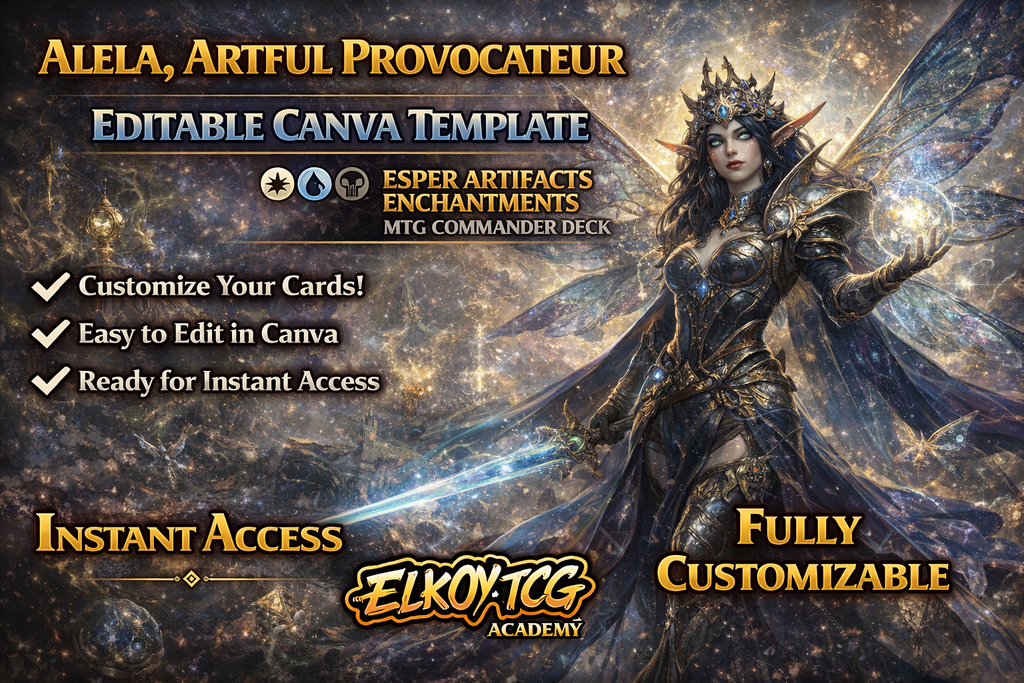 Alela, Artful Provocateur Canva Template — Esper Artifacts Enchantments MTG Commander Deck