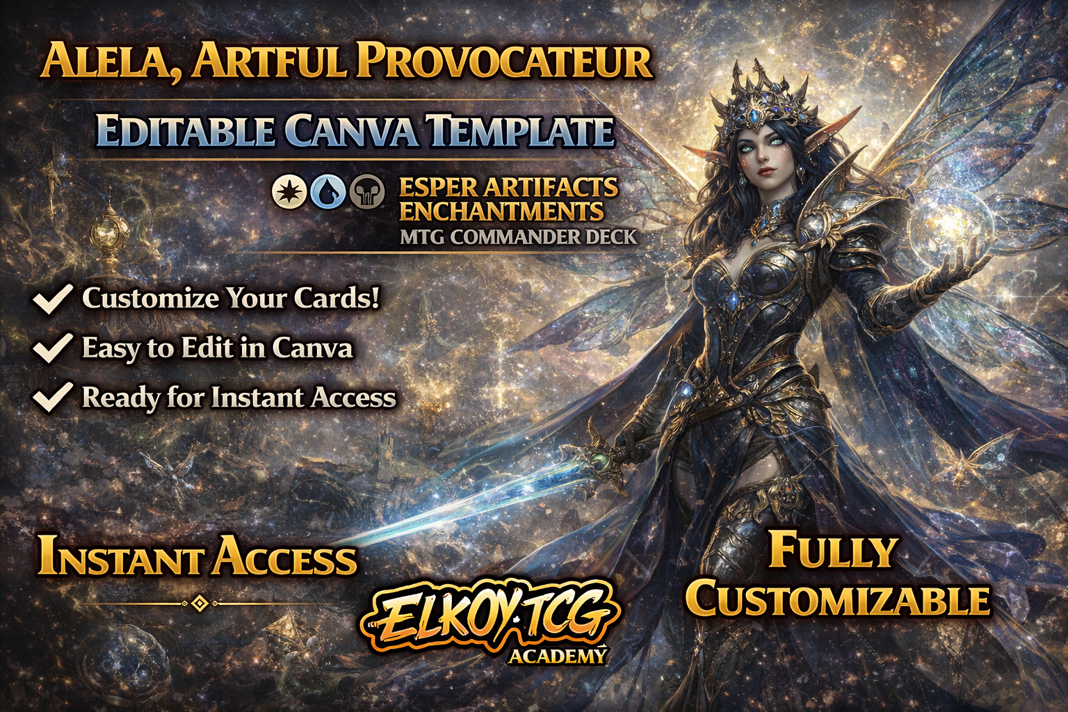 Alela, Artful Provocateur Canva Template — Esper Artifacts Enchantments MTG Commander Deck