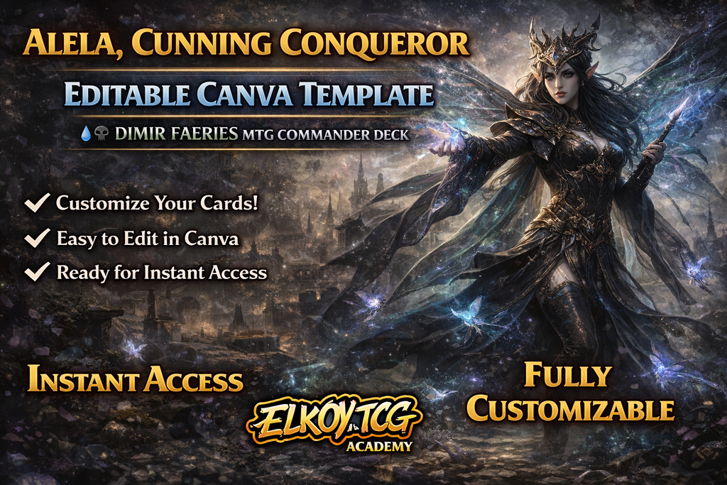 Alela, Cunning Conqueror Canva Template — Dimir Faeries MTG Commander Deck
