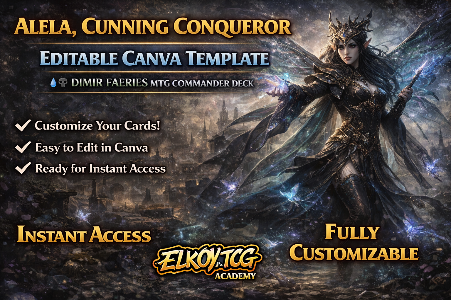Alela, Cunning Conqueror Canva Template — Dimir Faeries MTG Commander Deck