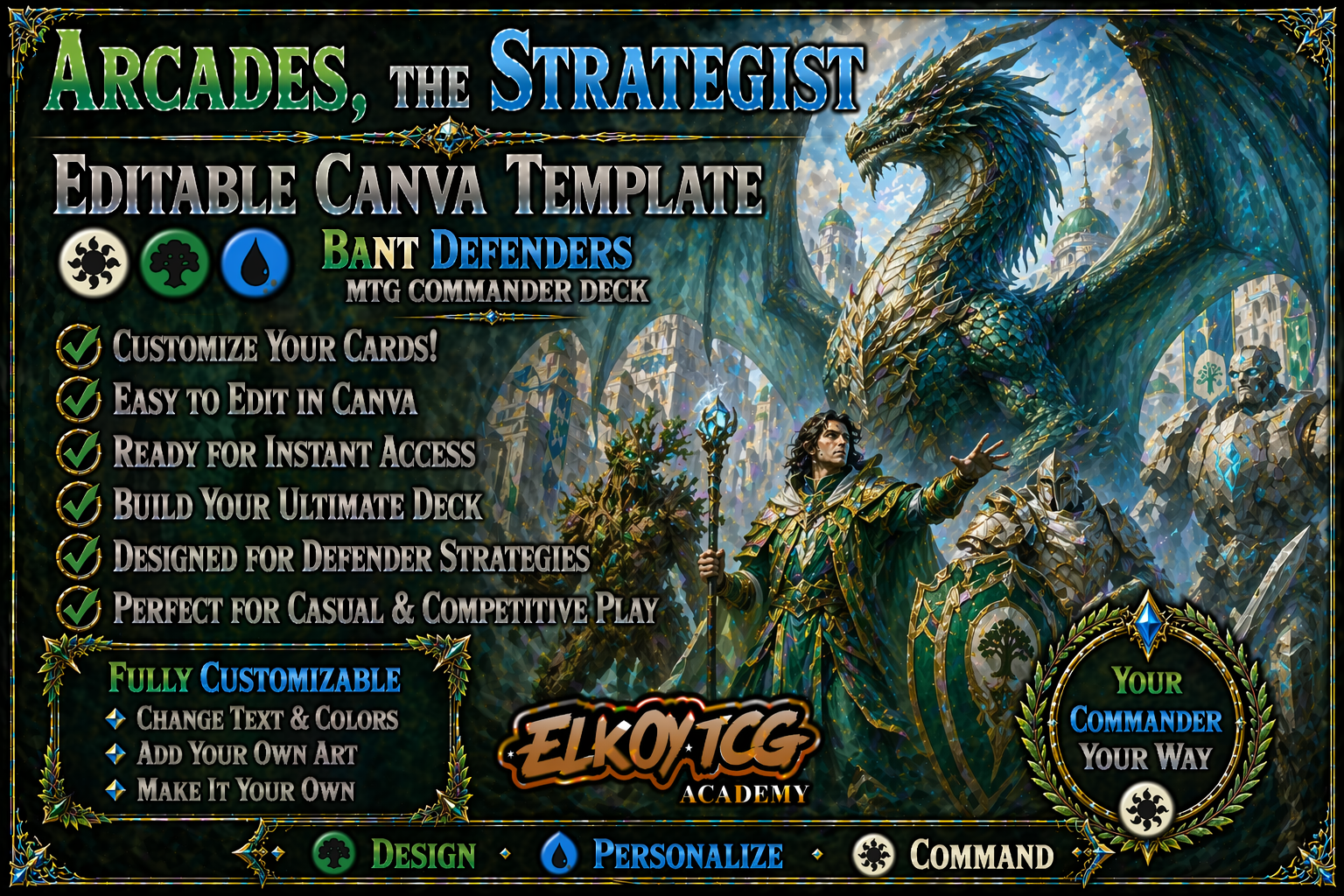Arcades, the Strategist Canva Template — Bant Defenders MTG Commander Deck