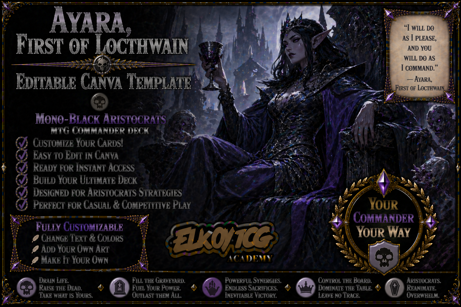 Ayara, First of Locthwain Canva Template — Mono-Black Aristocrats MTG Commander Deck