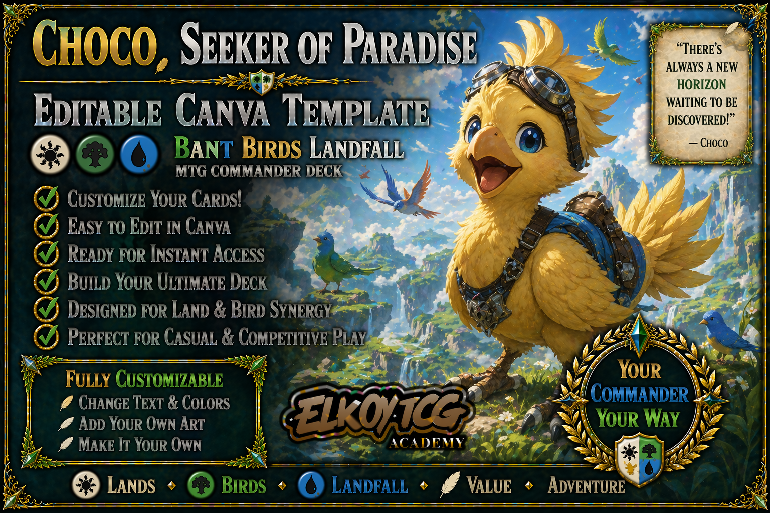 Choco, Seeker of Paradise Canva Template — Bant Birds Landfall MTG Commander Deck