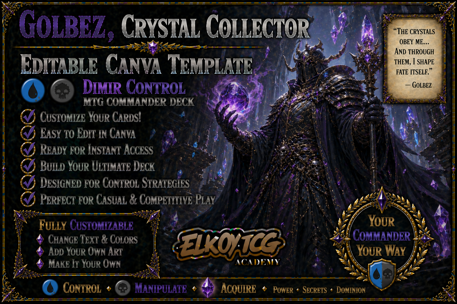 Golbez, Crystal Collector - Editable Canva Template - MTG Commander Deck