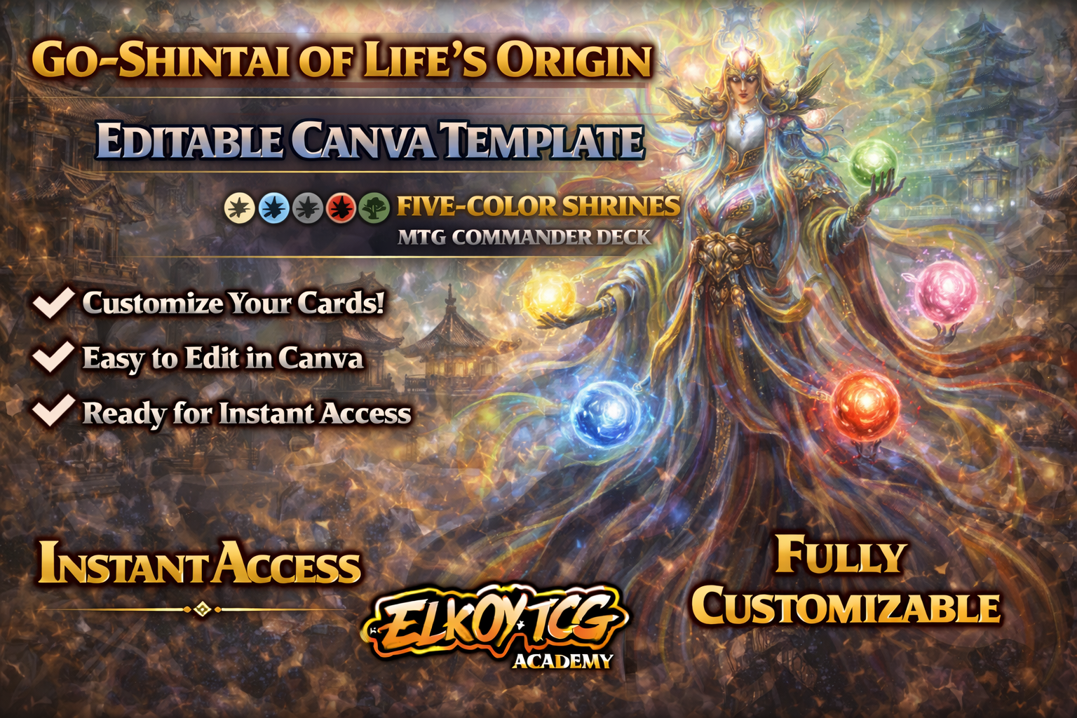 Go-Shintai of Life’s Origin Canva Template — Five-Color Shrines MTG Commander Deck