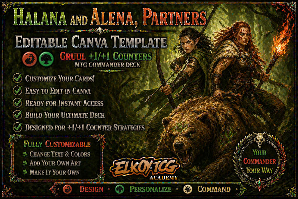 Halana and Alena, Partners Canva Template — Gruul +1/+1 Counters MTG Commander Deck