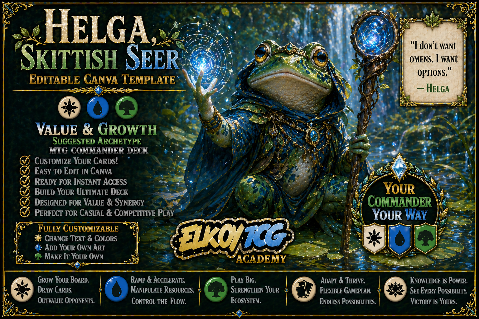 Helga, Skittish Seer - Editable Canva Template - MTG Commander Deck