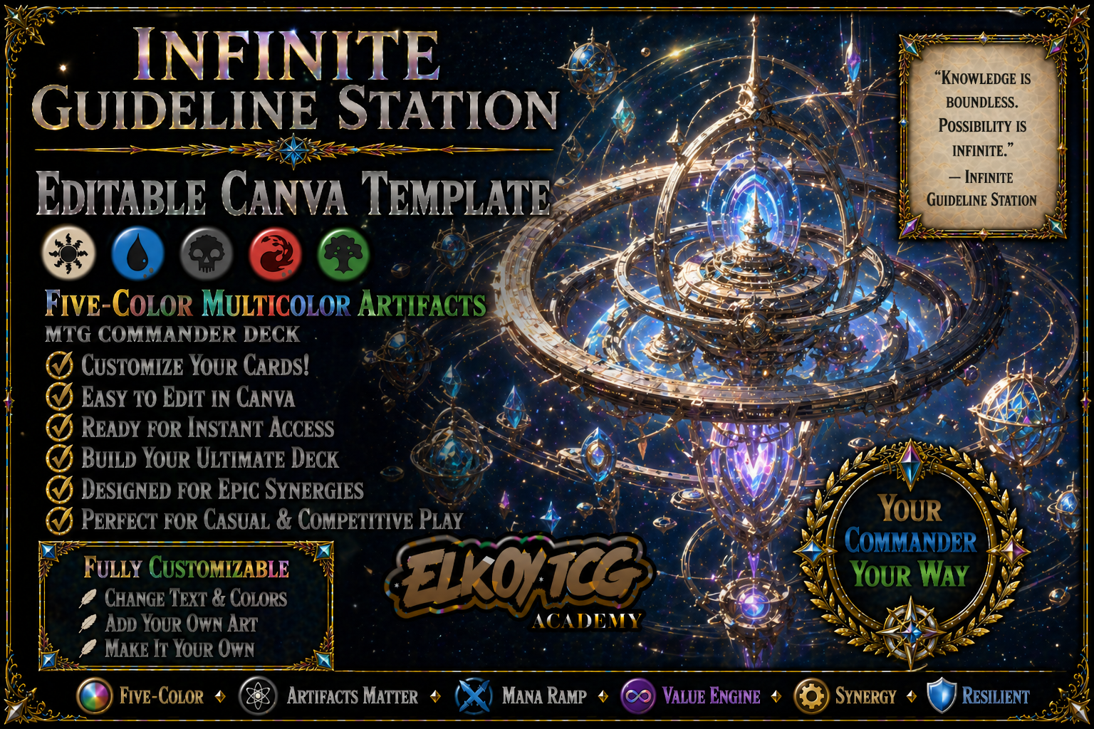 Infinite Guideline Station Canva Template — Five-Color Multicolor Artifacts MTG Commander Deck