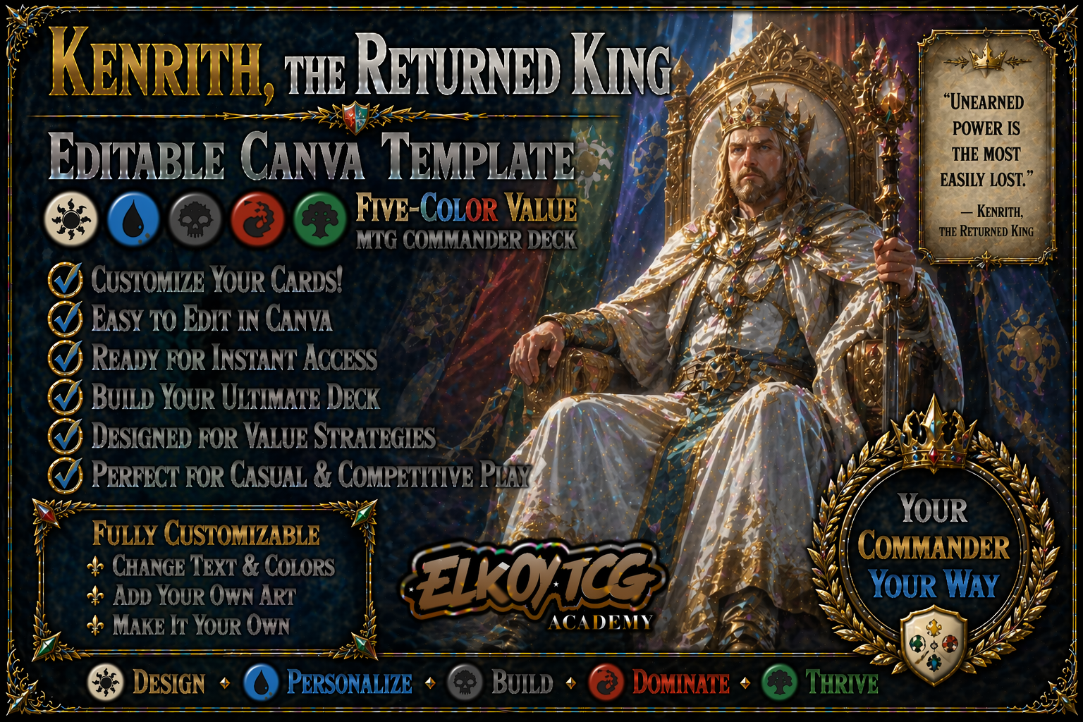 Kenrith, the Returned King Canva Template — Five-Color Value MTG Commander Deck