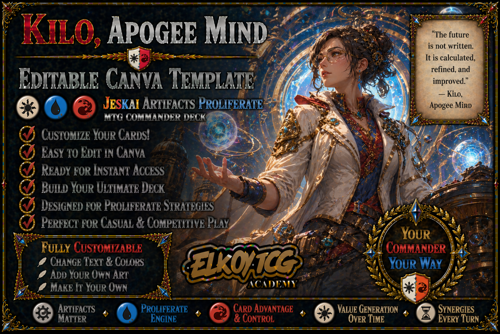 Kilo, Apogee Mind Canva Template — Jeskai Artifacts Proliferate MTG Commander Deck