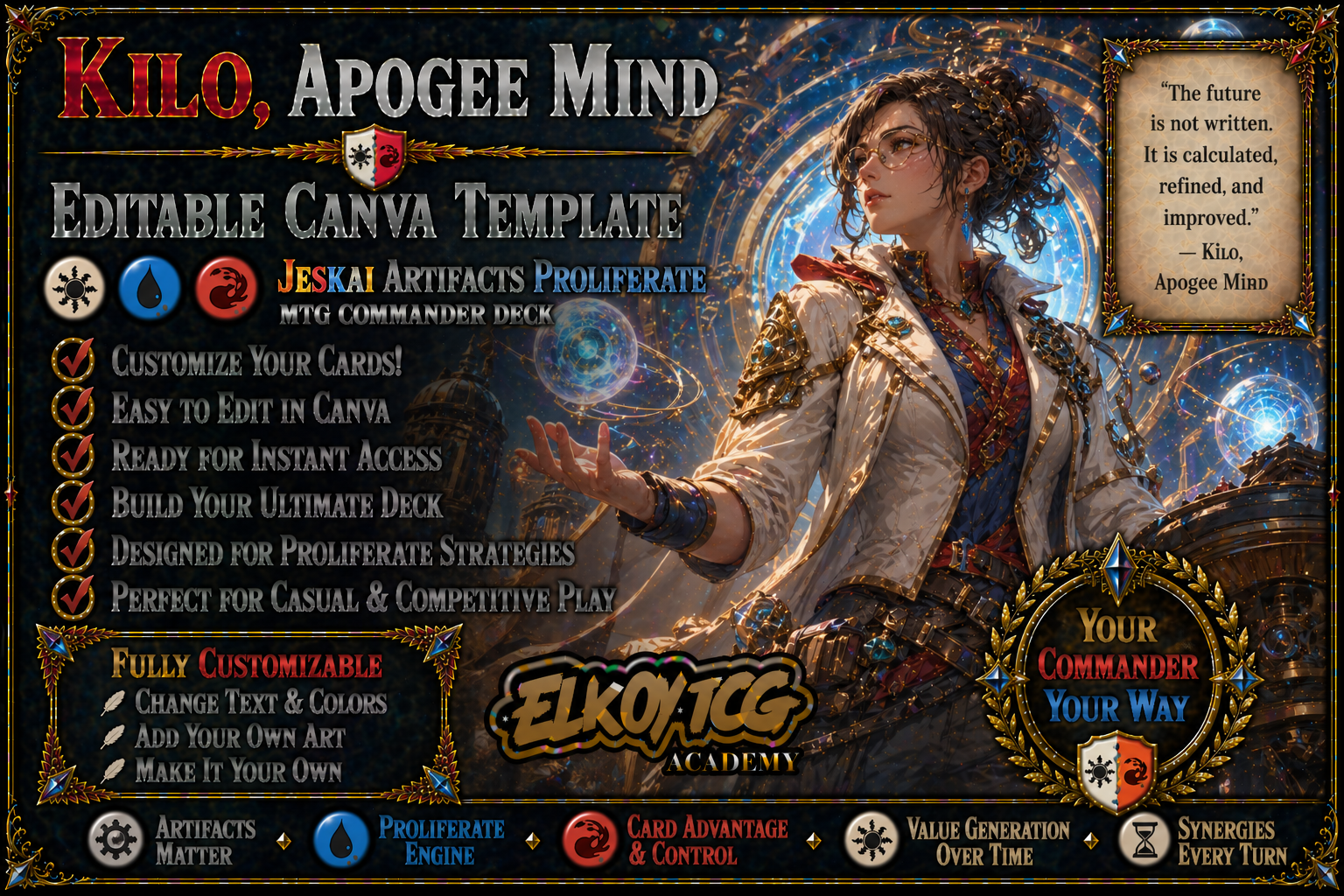 Kilo, Apogee Mind Canva Template — Jeskai Artifacts Proliferate MTG Commander Deck