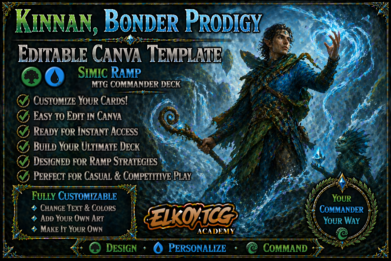 Kinnan, Bonder Prodigy Canva Template — Simic Ramp MTG Commander Deck