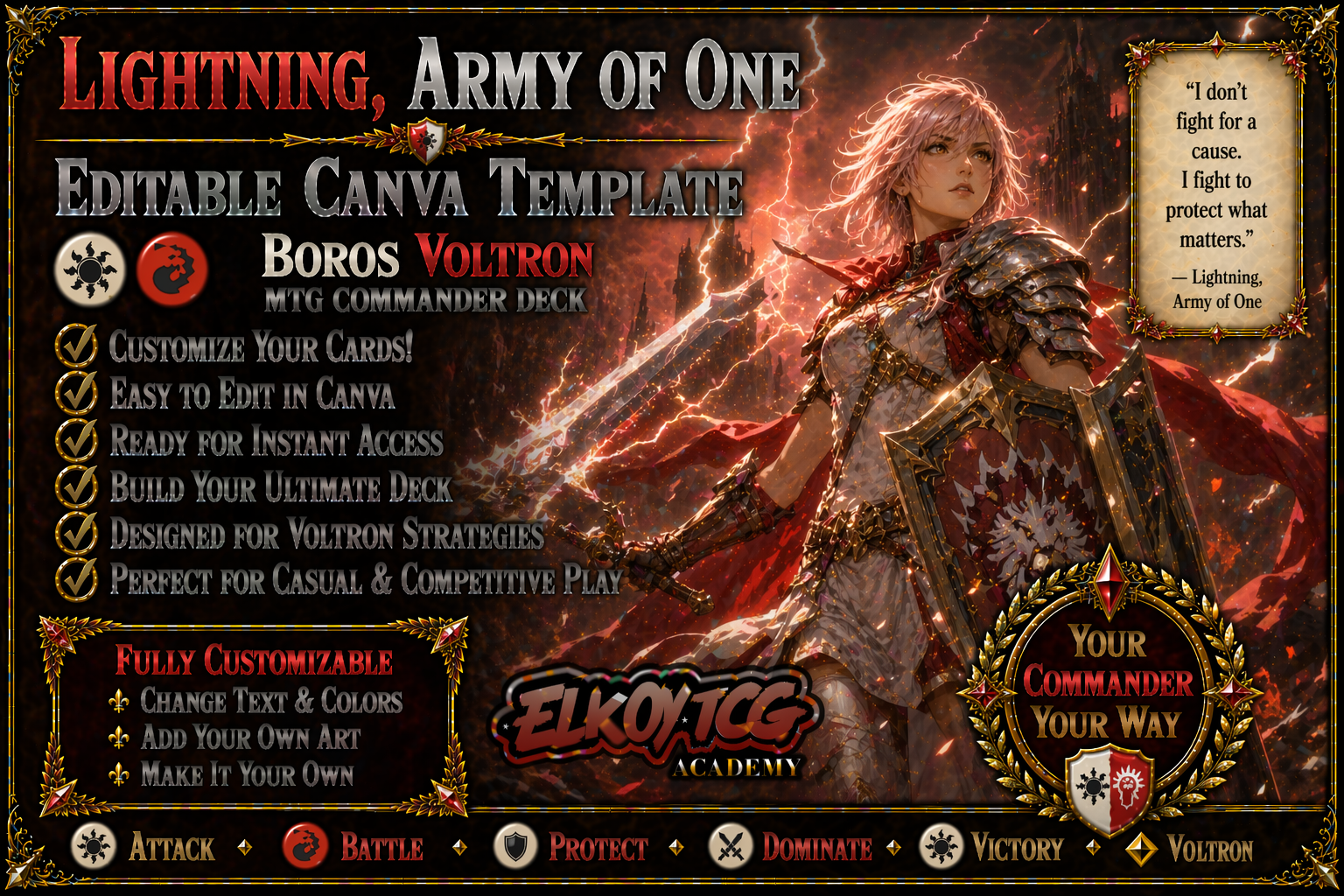 Lightning, Army of One Canva Template — Boros Voltron MTG Commander Deck