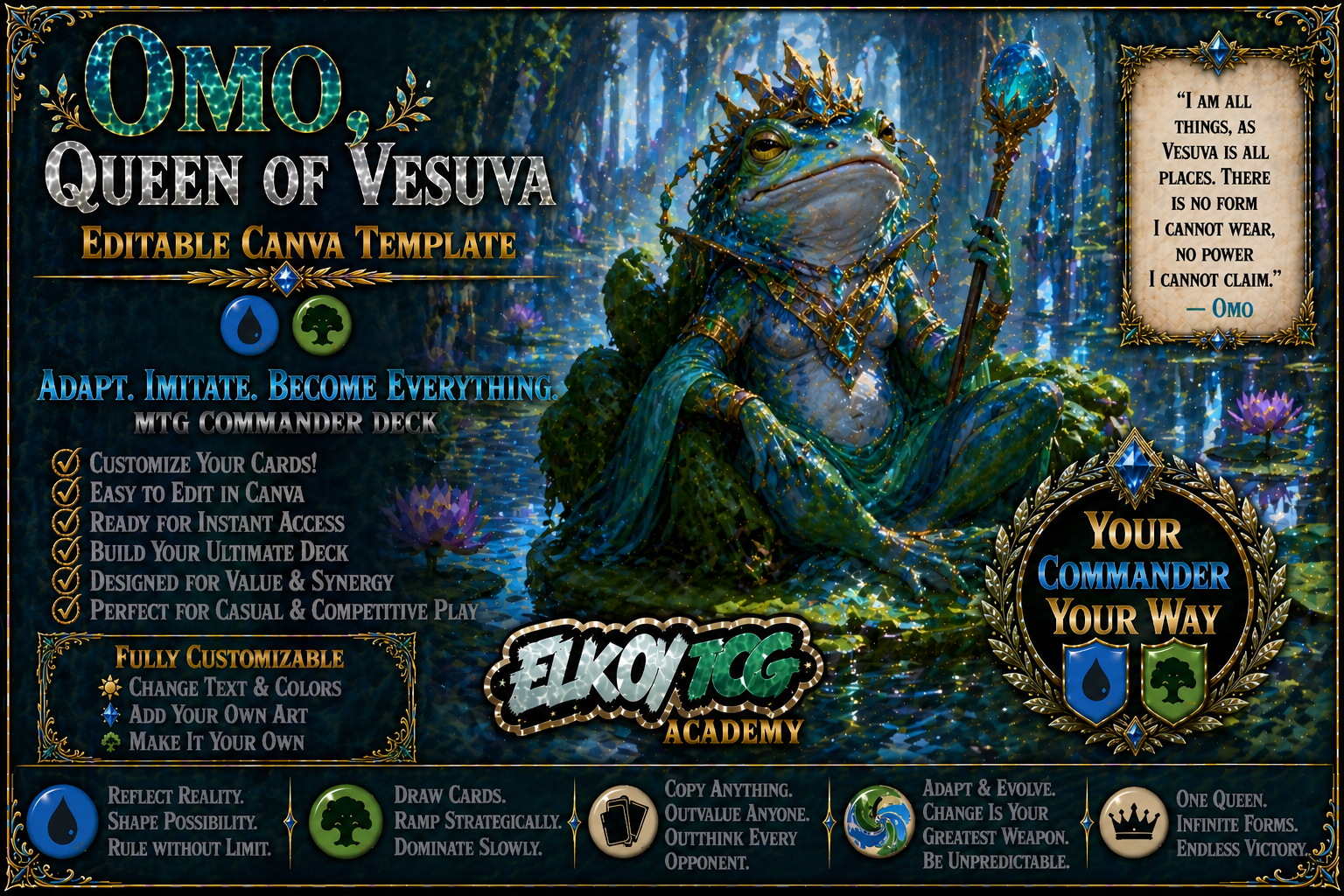 Omo, Queen of Vesuva - Editable Canva Template - MTG Commander Deck