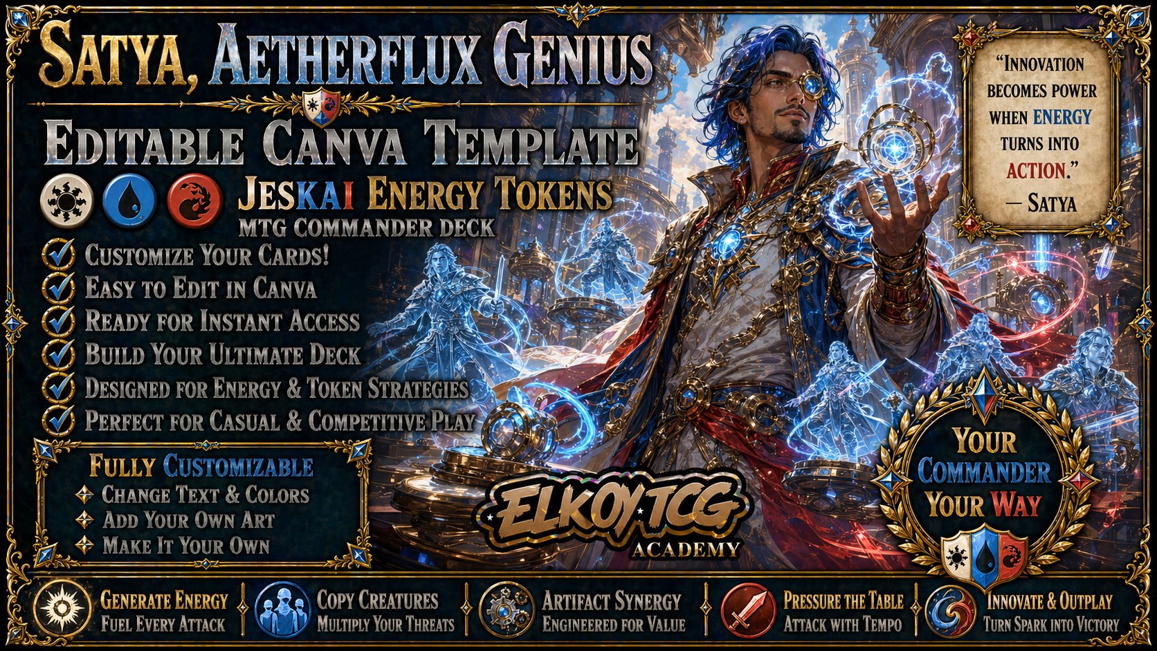 Satya, Aetherflux Genius - Editable Canva Template - MTG Commander Deck