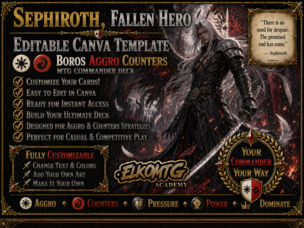 Sephiroth, Fallen Hero Canva Template — Boros Aggro Counters MTG Commander Deck