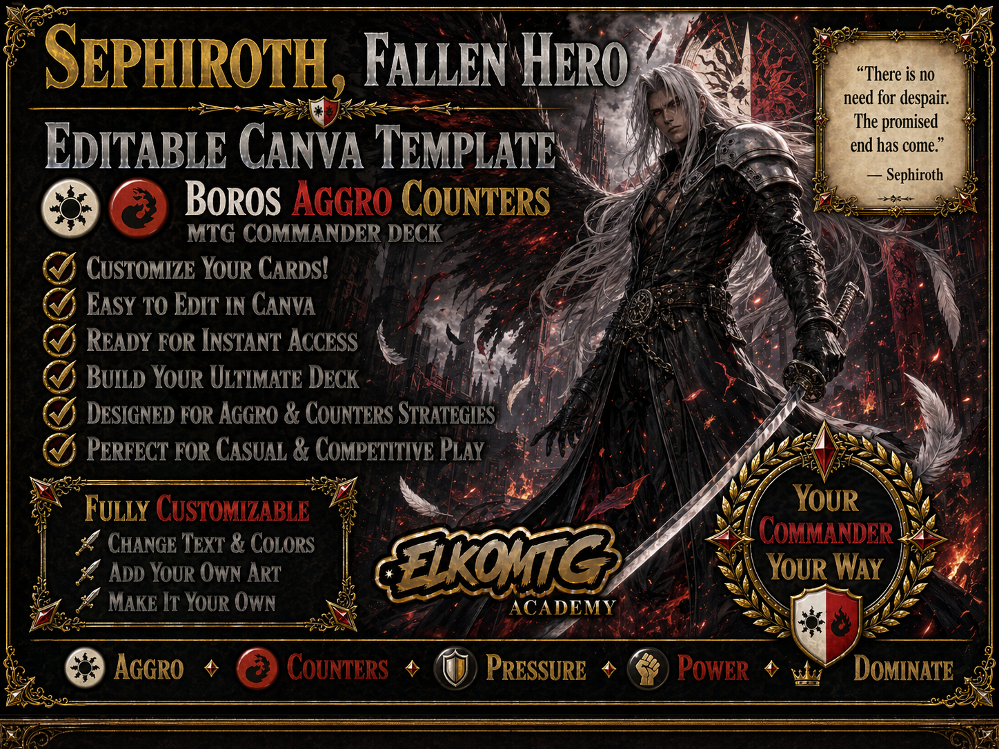 Sephiroth, Fallen Hero Canva Template — Boros Aggro Counters MTG Commander Deck