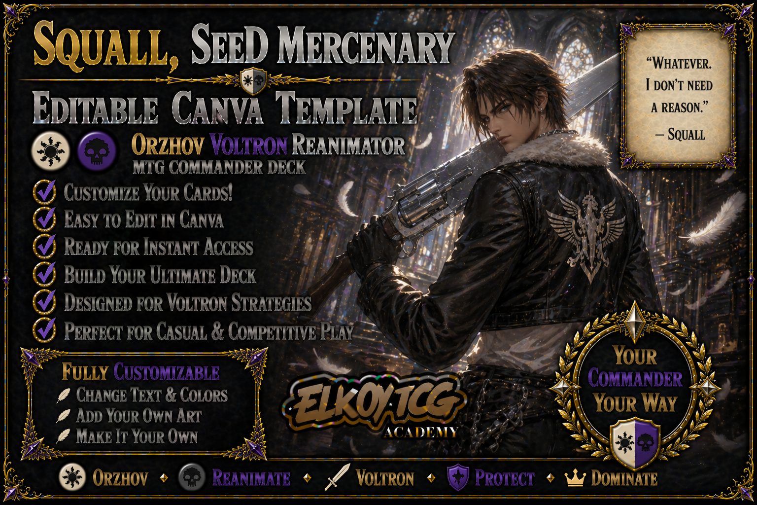 Squall, SeeD Mercenary Canva Template — Orzhov Voltron Reanimator MTG Commander Deck