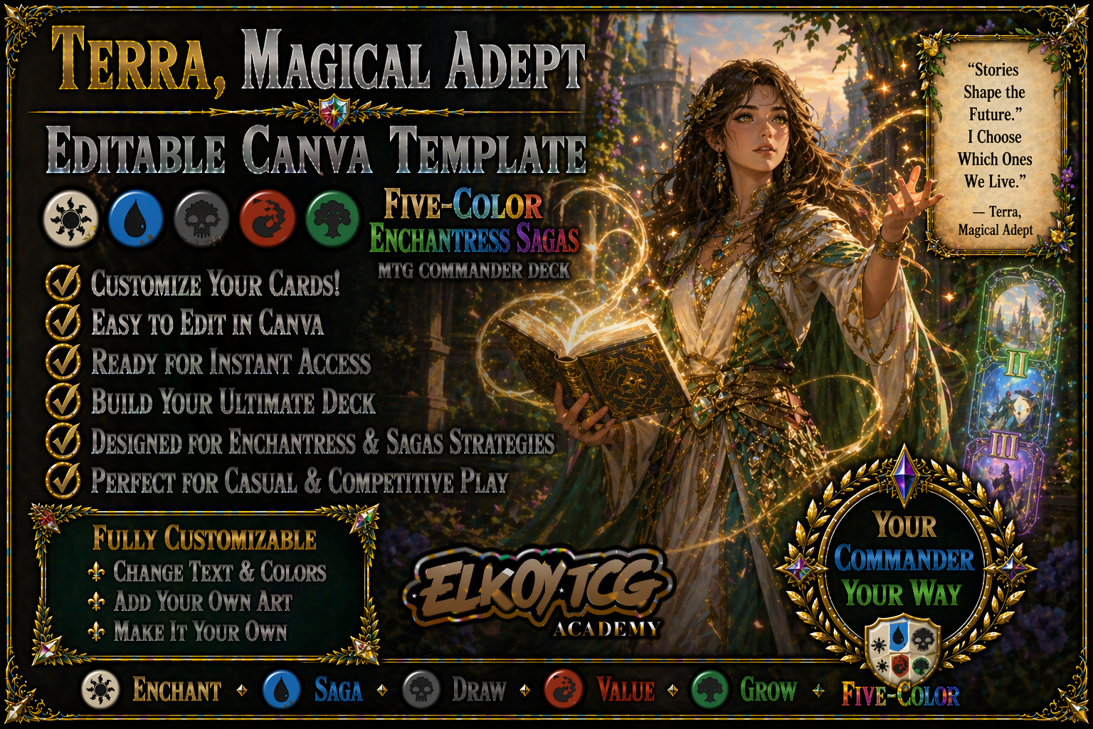 Terra, Magical Adept Canva Template — Five-Color Enchantress Sagas MTG Commander Deck