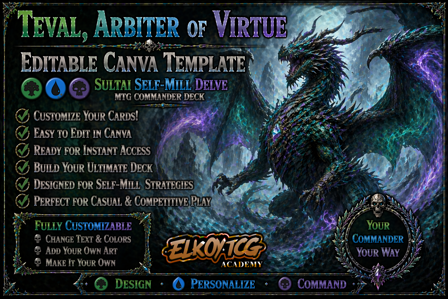 Teval, Arbiter of Virtue Canva Template — Sultai Self-Mill Delve MTG Commander Deck