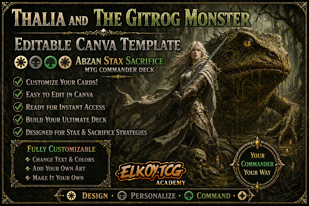 Thalia and The Gitrog Monster Canva Template — Abzan Stax Sacrifice MTG Commander Deck