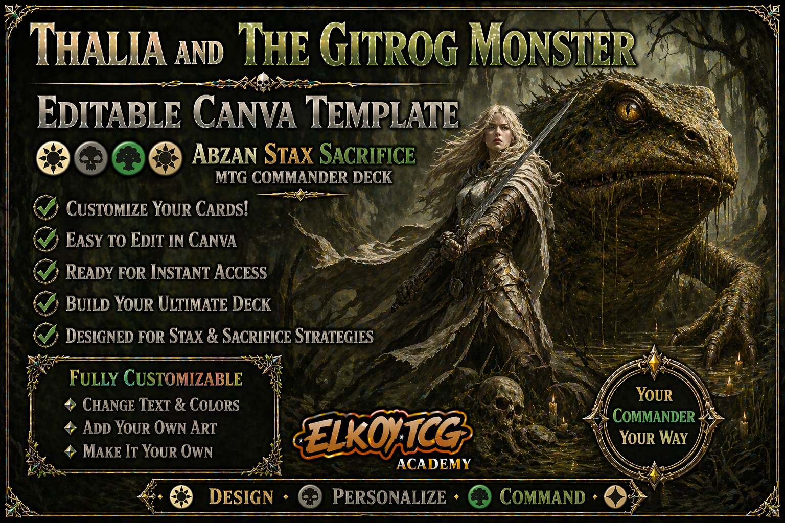 Thalia and The Gitrog Monster Canva Template — Abzan Stax Sacrifice MTG Commander Deck