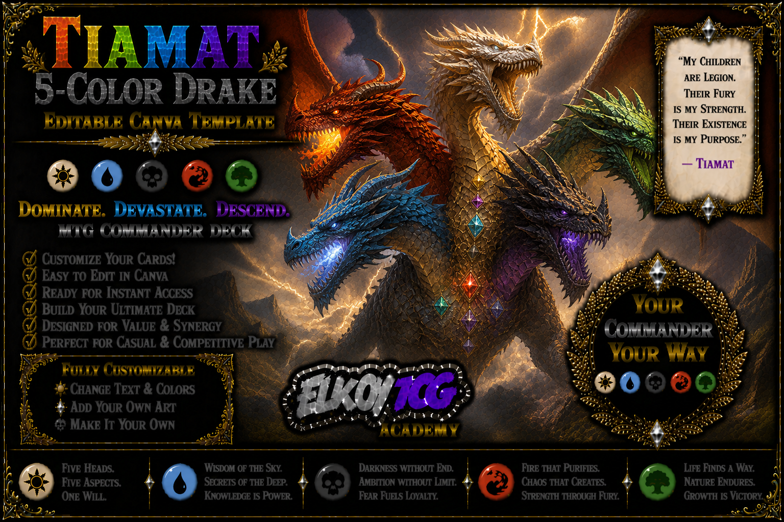 Tiamat - Editable Canva Template - MTG Commander Deck