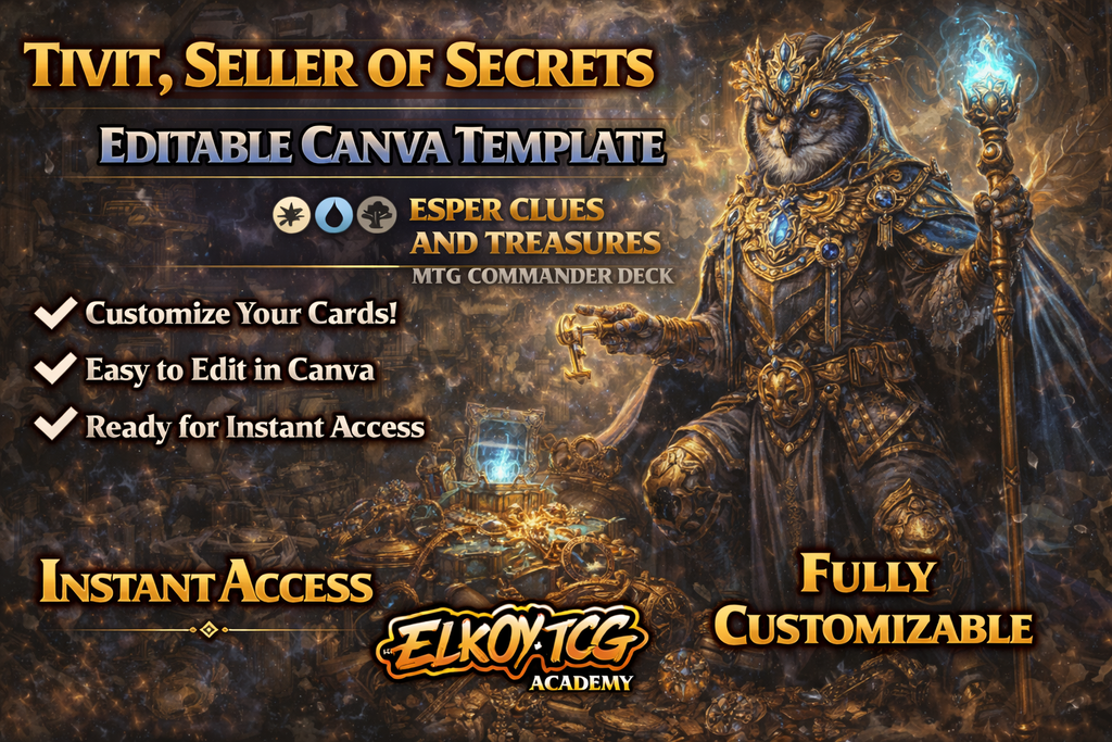 Tivit, Seller of Secrets Canva Template — Esper Clues and Treasures MTG Commander Deck