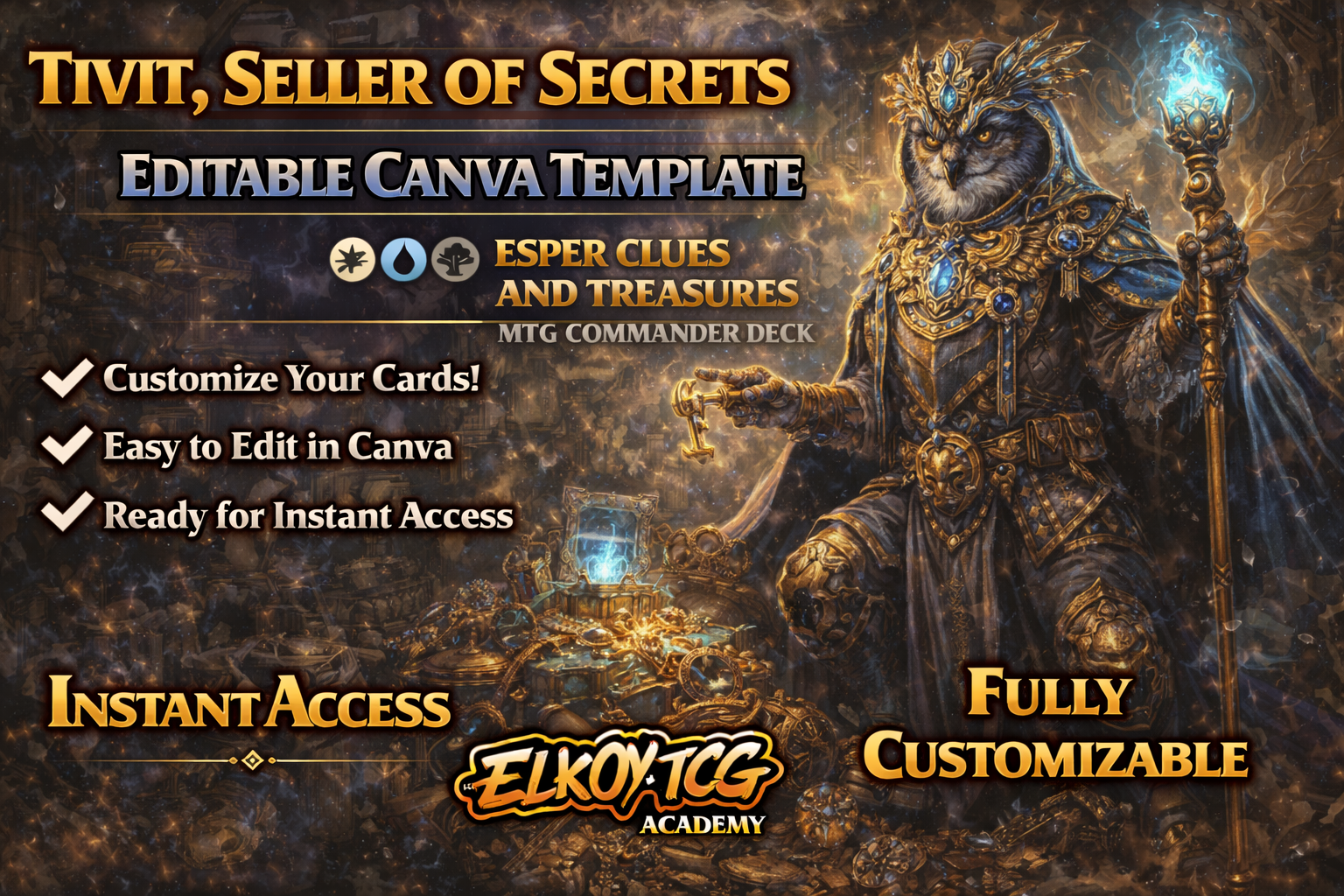 Tivit, Seller of Secrets Canva Template — Esper Clues and Treasures MTG Commander Deck