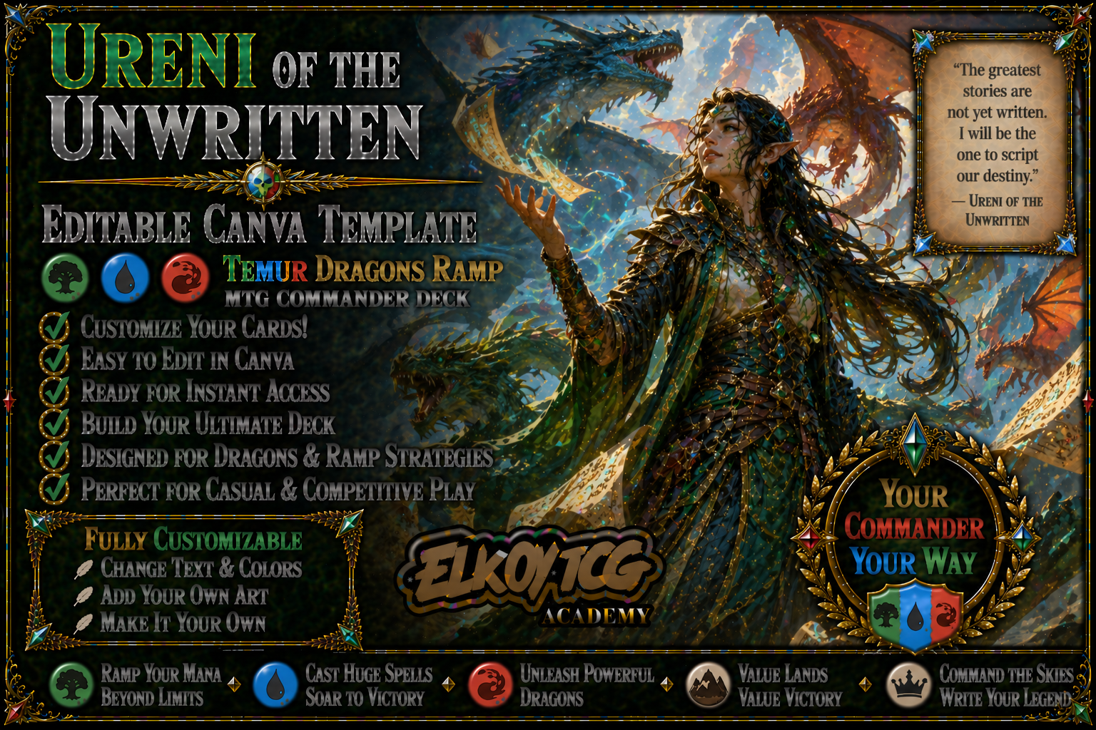 Ureni of the Unwritten Canva Template — Temur Dragons Ramp MTG Commander Deck