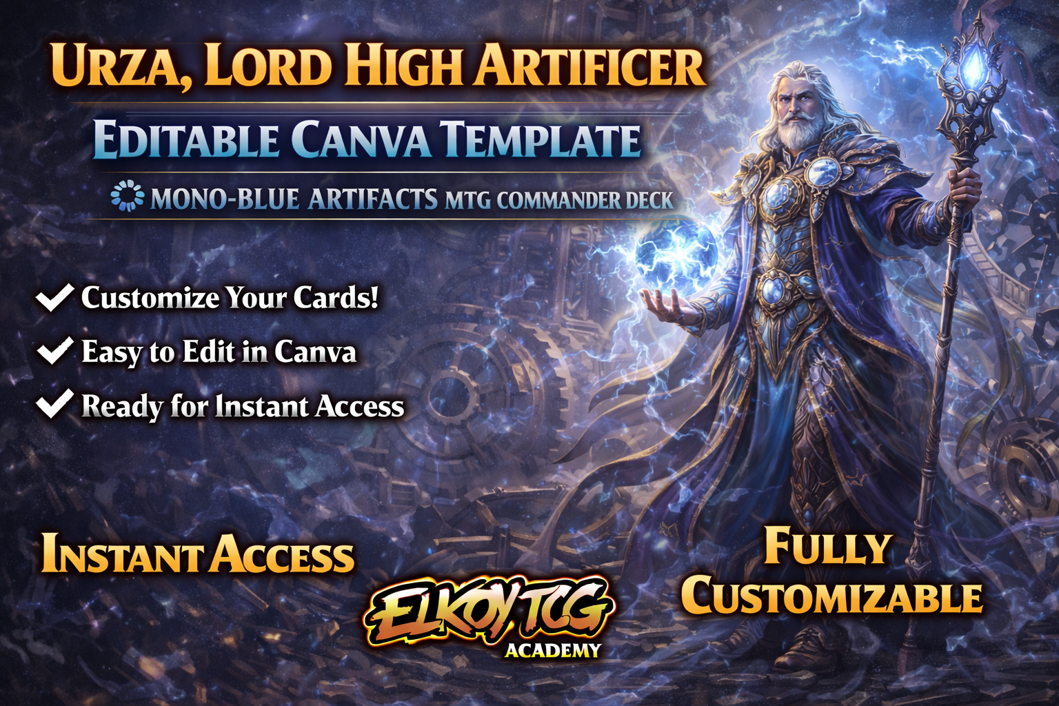 Urza, Lord High Artificer Canva Template — Mono-Blue Artifacts MTG Commander Deck