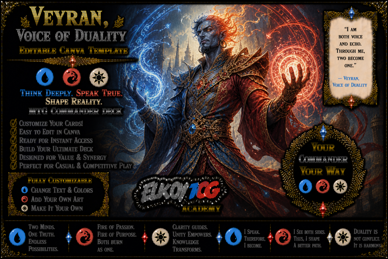 Veyran, Voice of Duality - Editable Canva Template - MTG Commander Deck