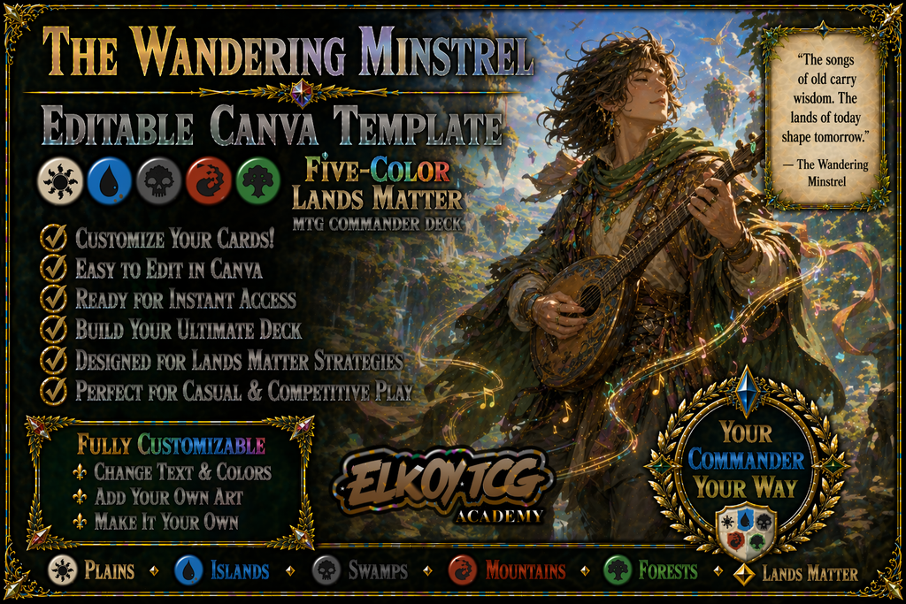 The Wandering Minstrel Canva Template — Five-Color Lands Matter MTG Commander Deck