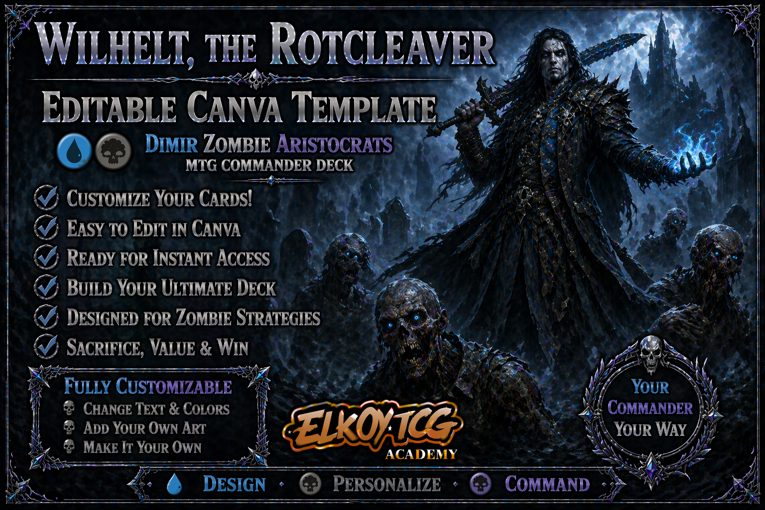 Wilhelt, the Rotcleaver Canva Template — Dimir Zombie Aristocrats MTG Commander Deck