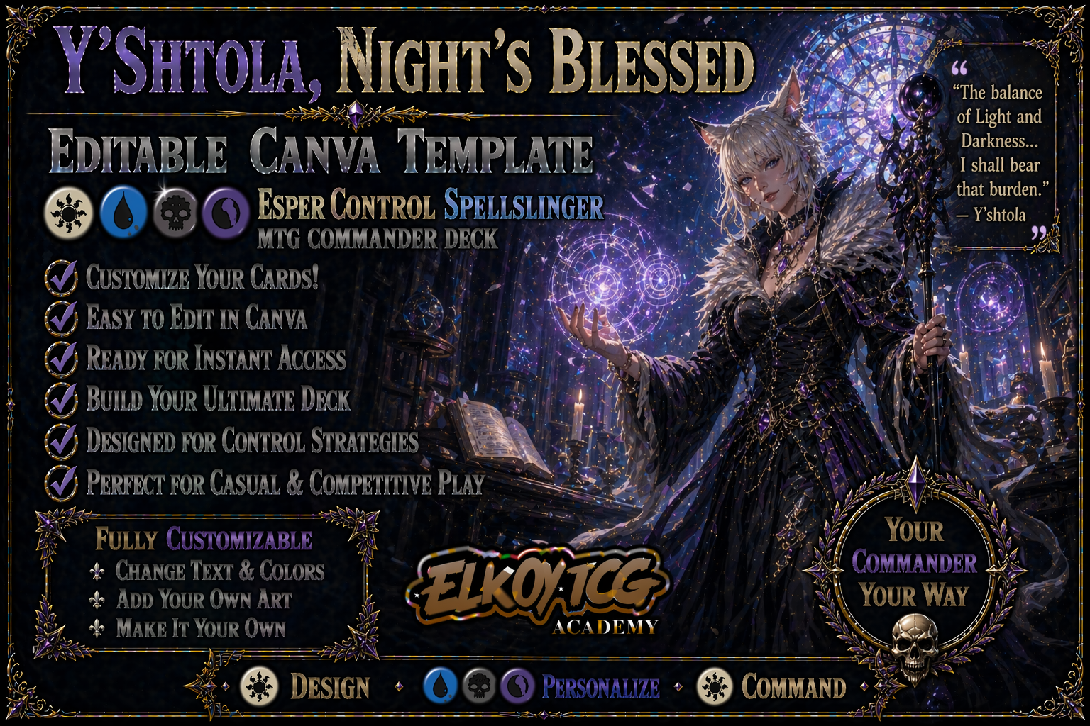 Y'shtola, Night's Blessed Canva Template — Esper Control Spellslinger MTG Commander Deck
