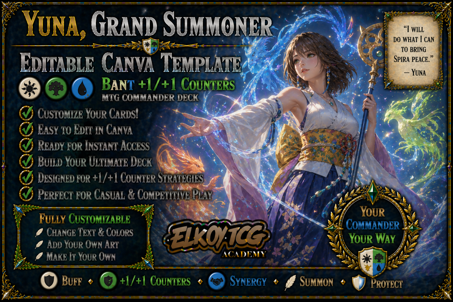 Yuna, Grand Summoner Canva Template — Bant +1/+1 Counters MTG Commander Deck